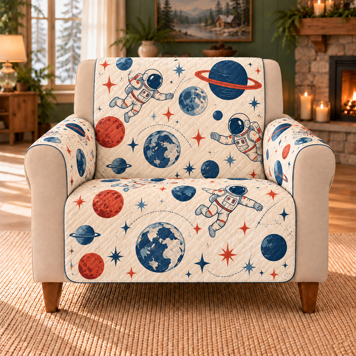 Spacesuit Pocket Motifs sofa cover on a beige armchair