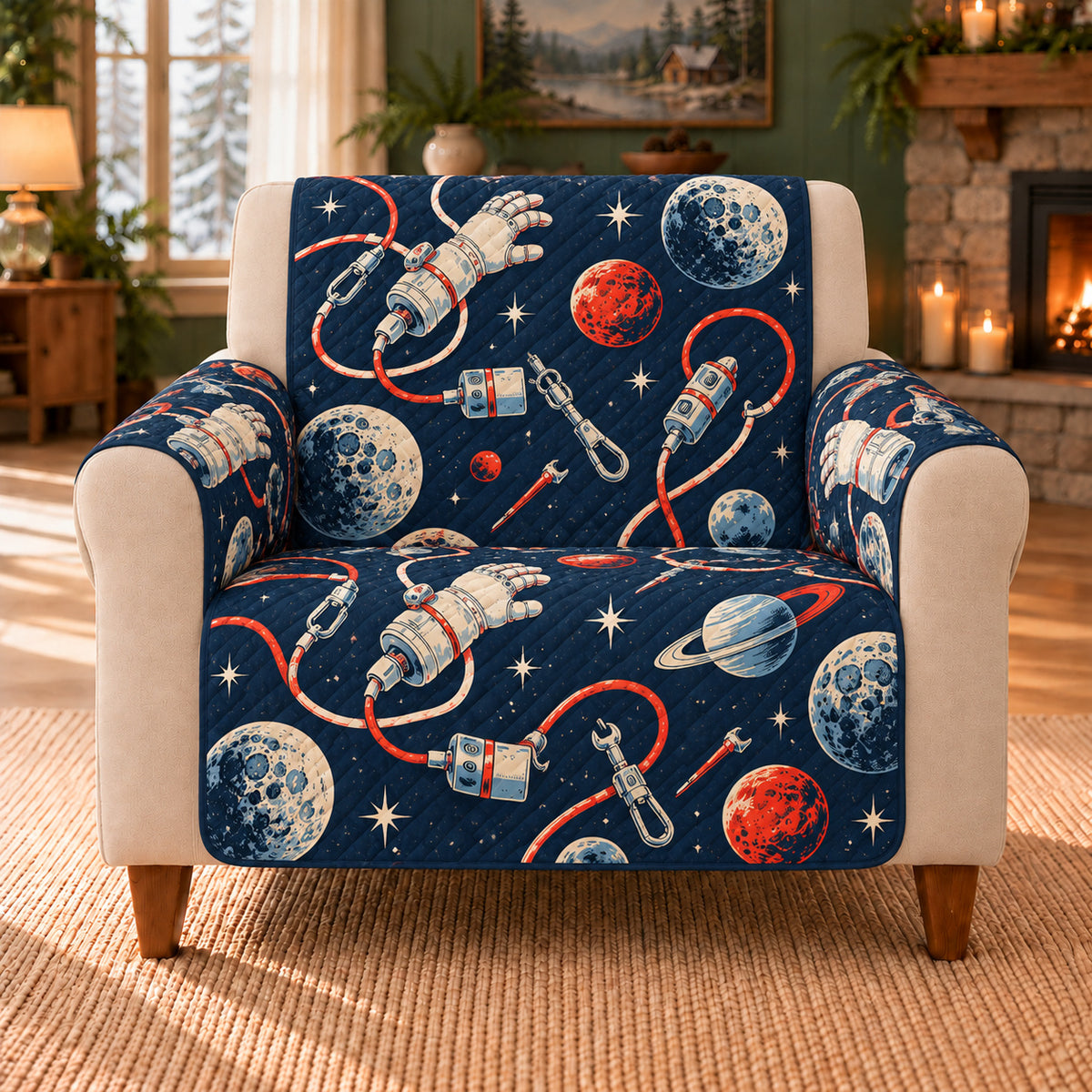 Spacewalk Tool Rhythm sofa cover on a beige armchair