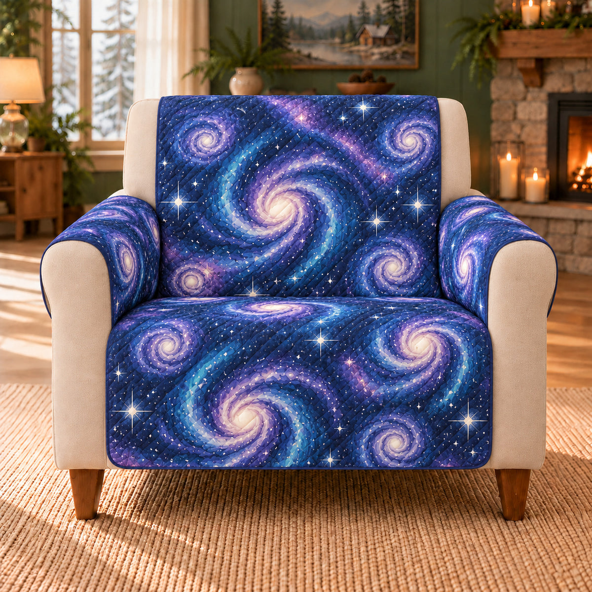 Spiral Galaxy Rosettes sofa cover on a beige armchair