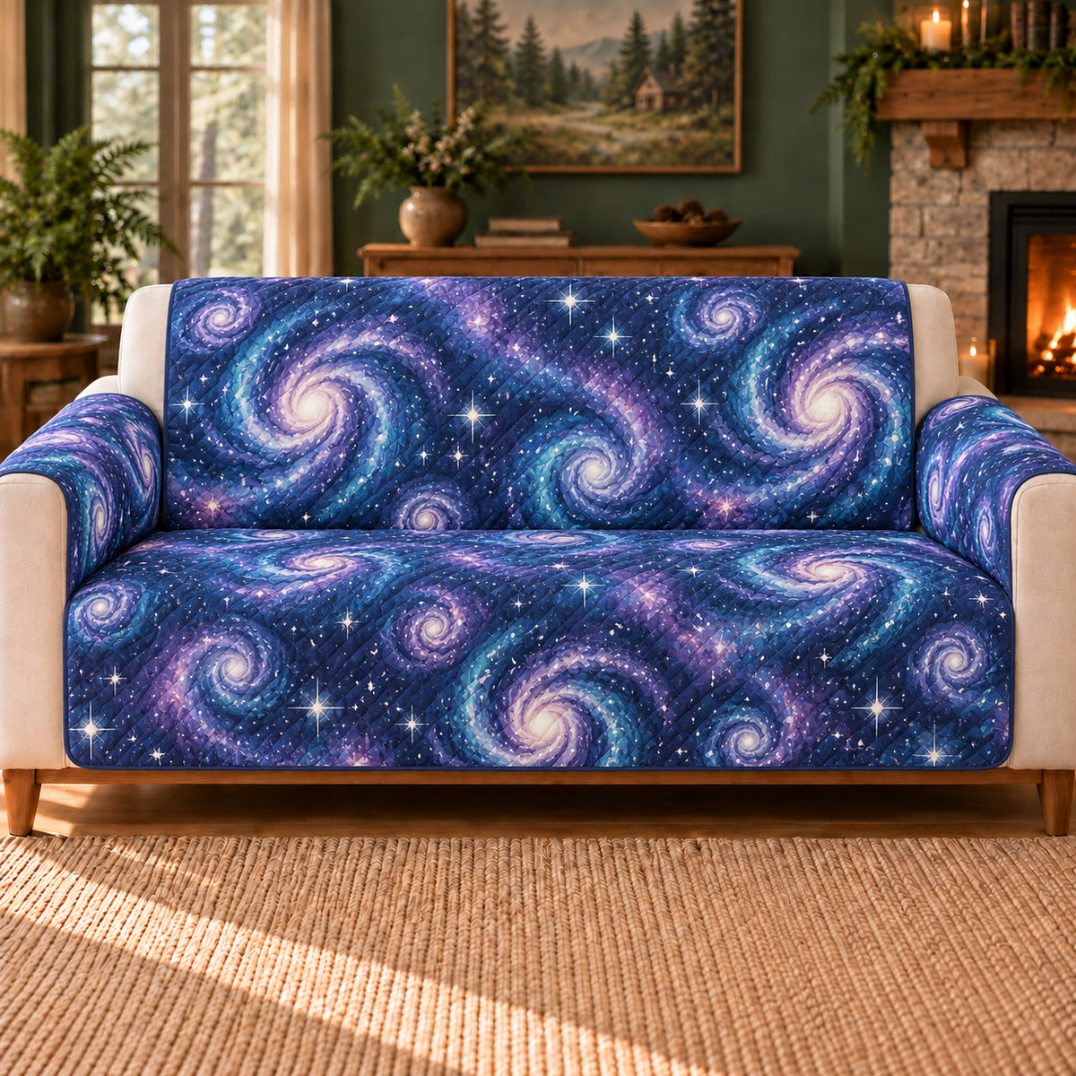 Spiral Galaxy Rosettes sofa cover on a beige sofa