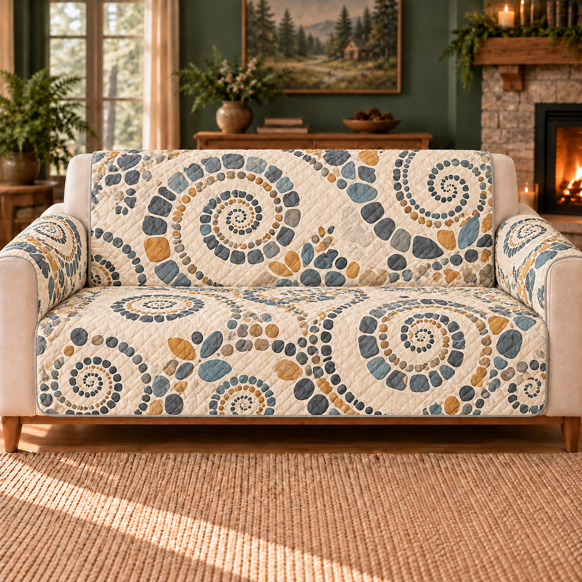 Spiral Pebble Mosaic sofa cover on a beige sofa