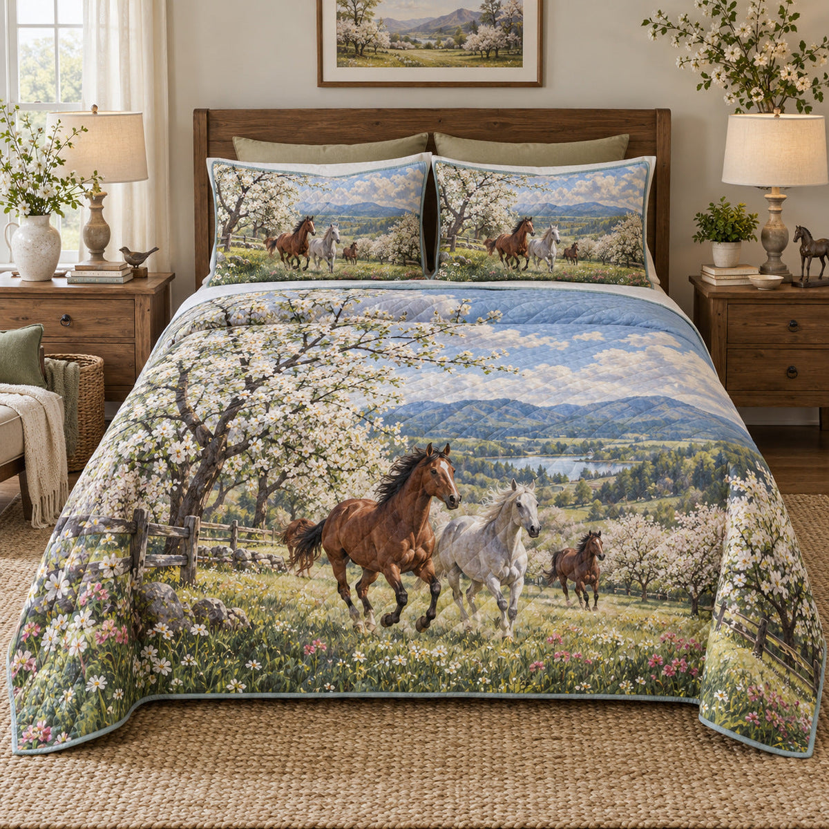 Spring Orchard Run Horse Open Landscape Quilt Set