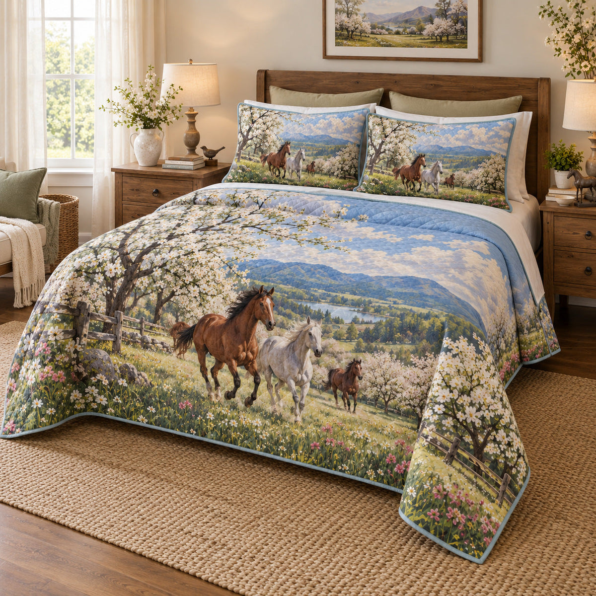 Spring Orchard Run Horse Open Landscape Quilt Set, angled horse open landscape bedroom view