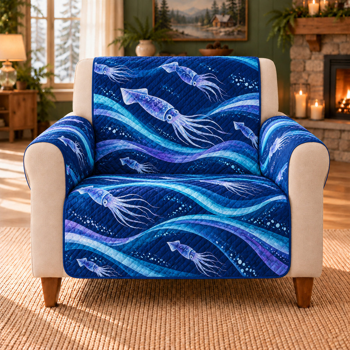 Squid Current Ribbons sofa cover on a beige armchair