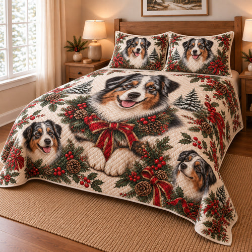 Australian Shepherd Christmas Wreath Quilt Set, low side-angle bedroom view