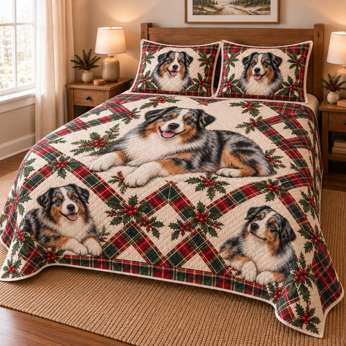 Australian Shepherd Heritage Tartan Christmas Quilt Set, low side-angle bedroom view