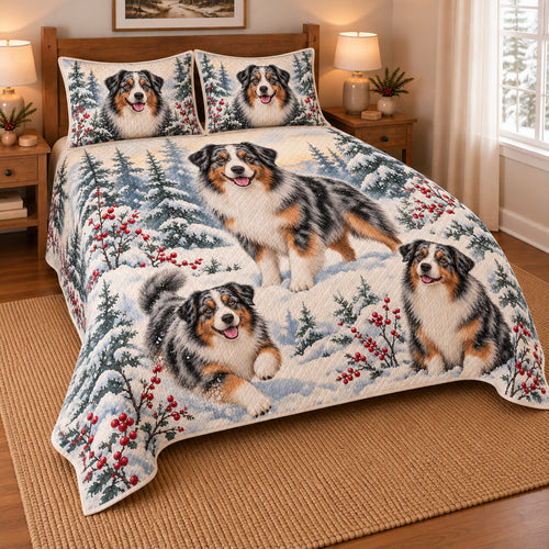 Australian Shepherd Snowy Watercolor Christmas Quilt Set, low side-angle bedroom view