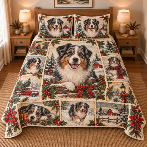 Australian Shepherd Vintage Christmas Postcards Quilt Set, front bedroom view