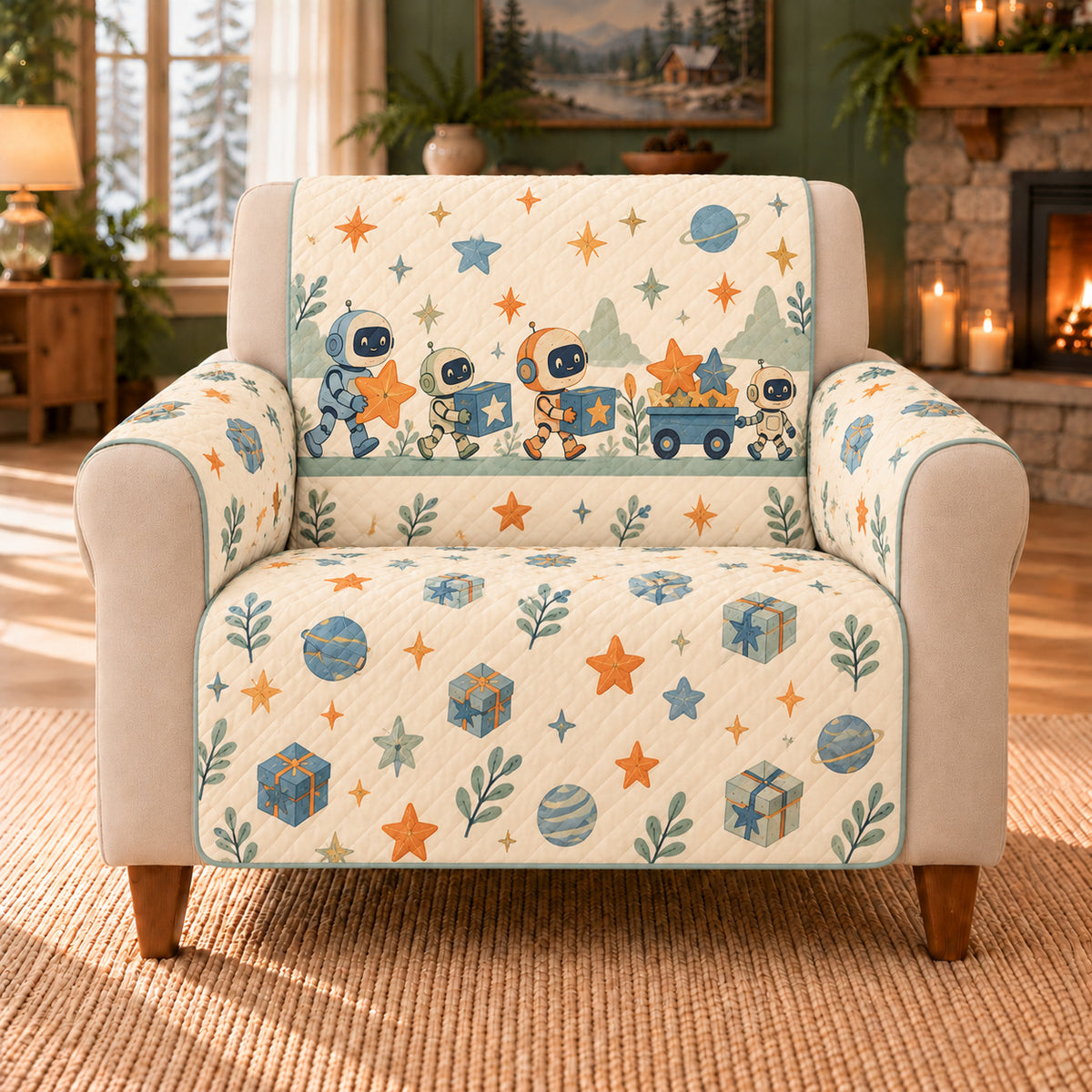 Star Parcel Robot Frieze sofa cover on a beige armchair