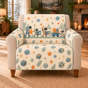 Star Parcel Robot Frieze sofa cover on a beige armchair