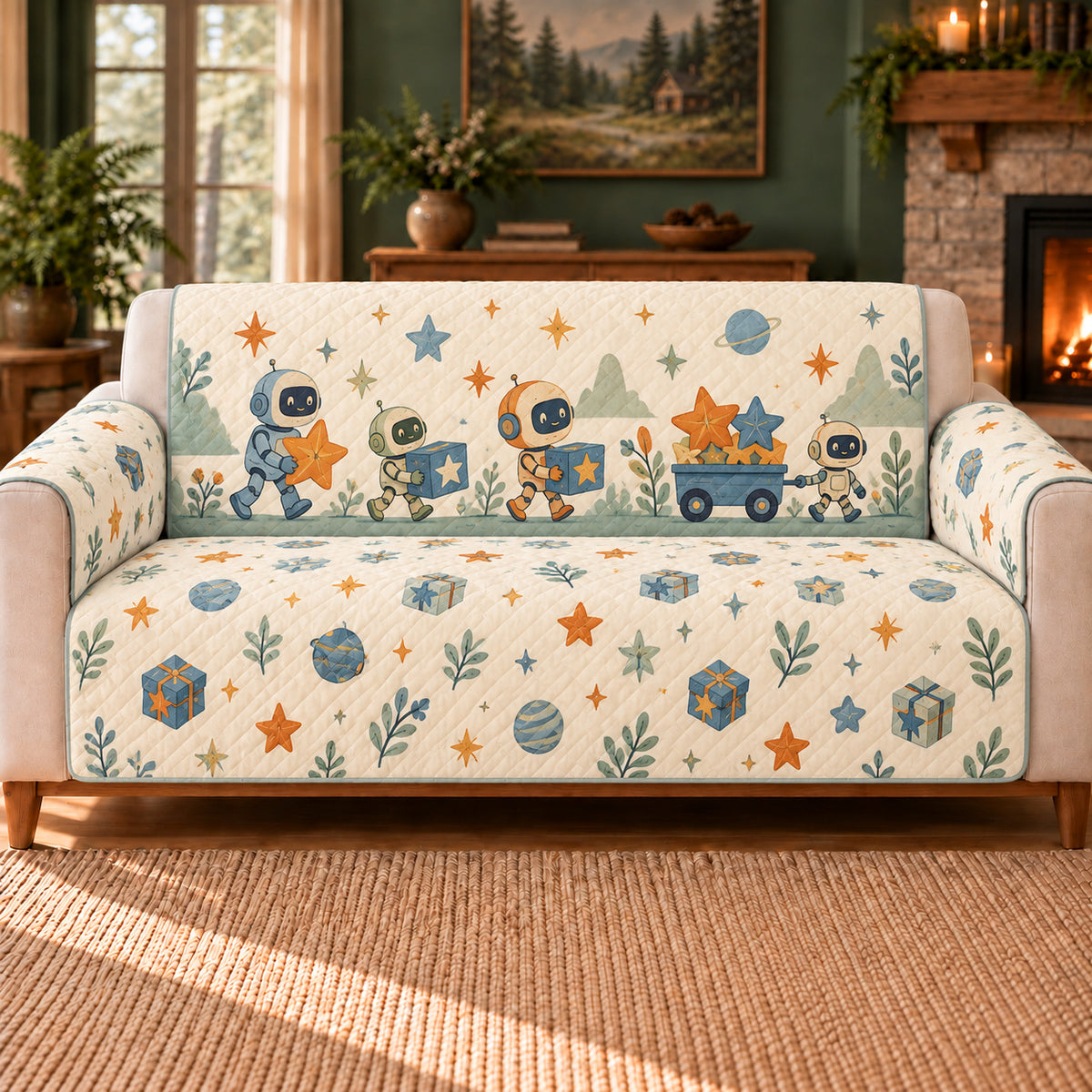 Star Parcel Robot Frieze sofa cover on a beige sofa