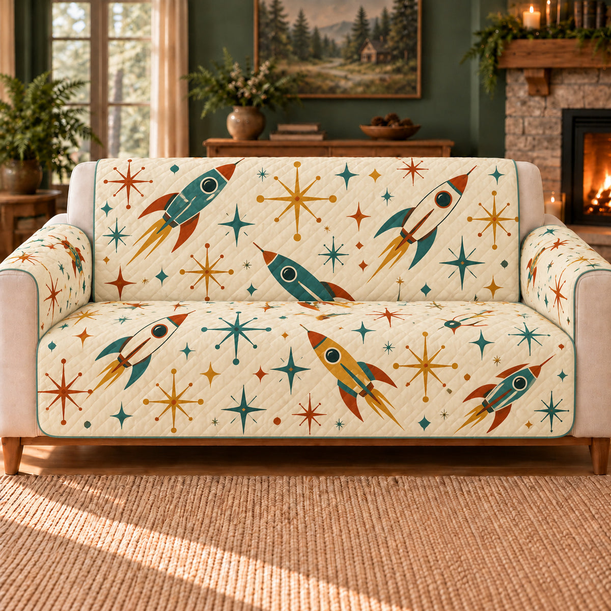 Starburst Rocket Toss sofa cover on a beige sofa
