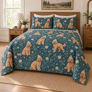 Stargazer Beanie Doodle Goldendoodle Starry Garden Quilt Set, angled goldendoodle starry garden bedroom view