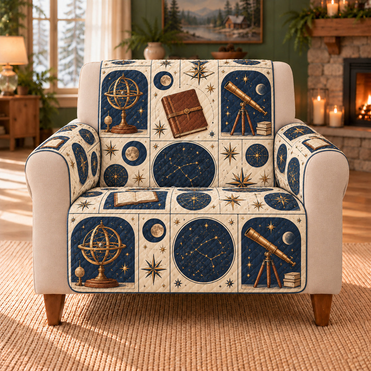 Stargazer Notebook Tiles sofa cover on a beige armchair