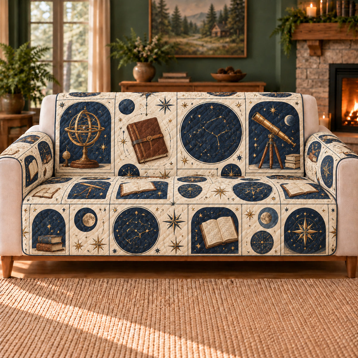 Stargazer Notebook Tiles sofa cover on a beige sofa