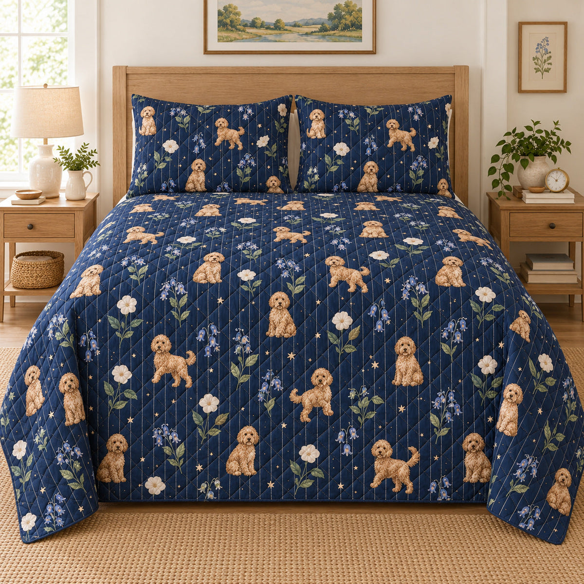 Starlit Pinstripe Doodle Goldendoodle Starry Garden Quilt Set, front goldendoodle starry garden bedroom view
