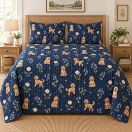 Starlit Pinstripe Doodle Goldendoodle Starry Garden Quilt Set