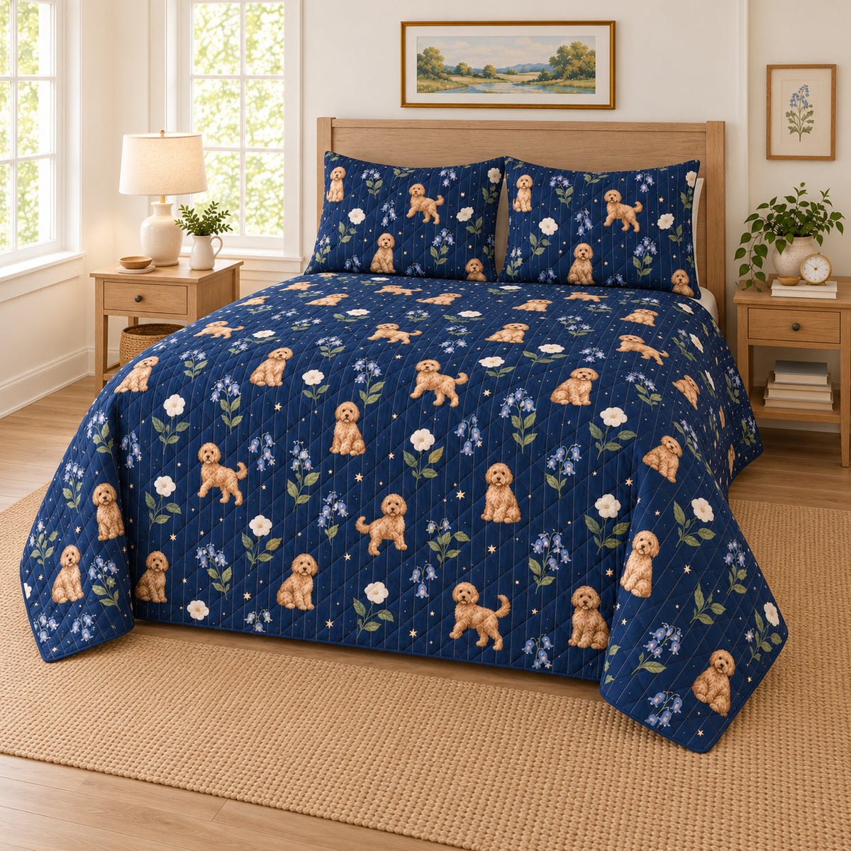 Starlit Pinstripe Doodle Goldendoodle Starry Garden Quilt Set, angled goldendoodle starry garden bedroom view
