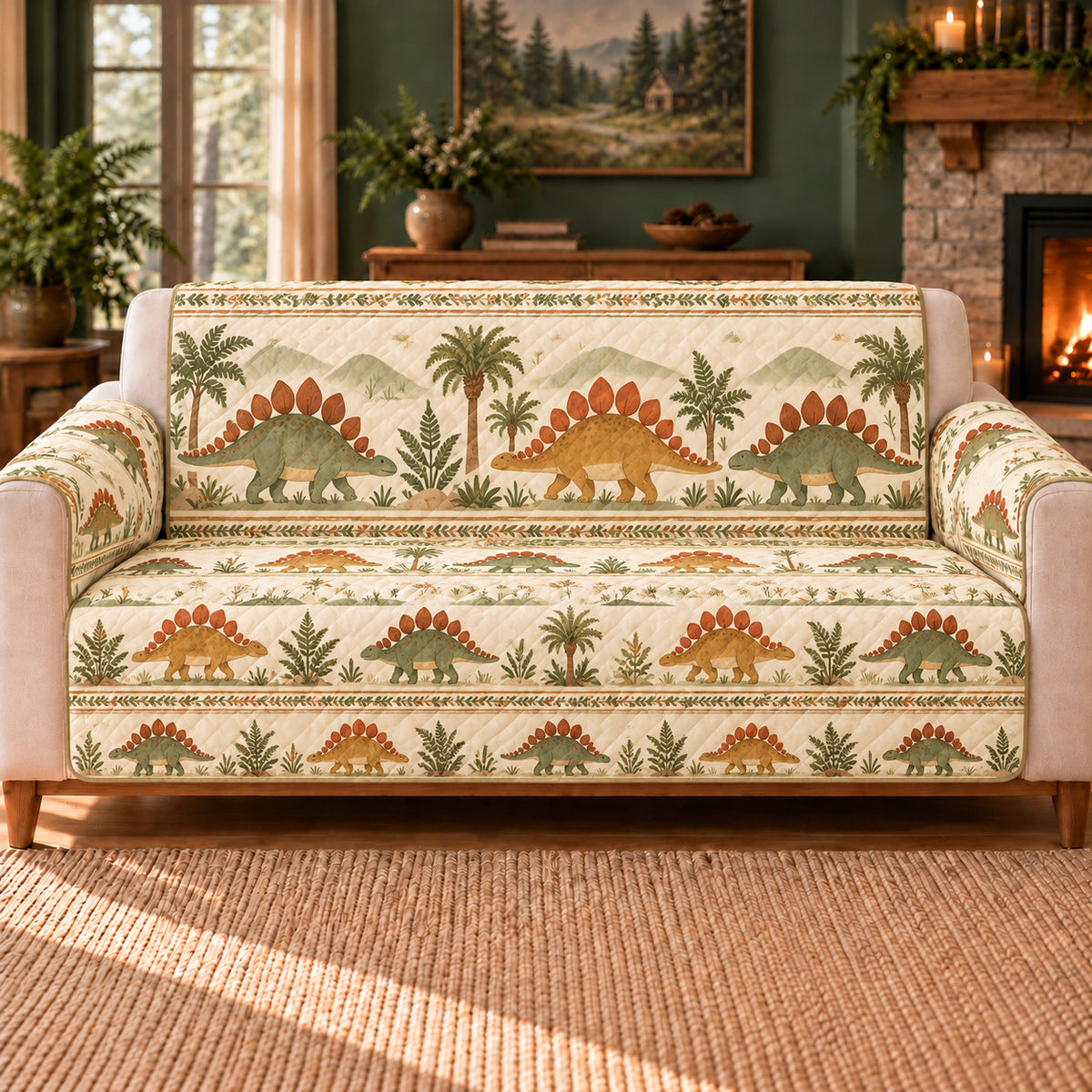 Stegosaurus Plate Rhythm sofa cover on a beige sofa