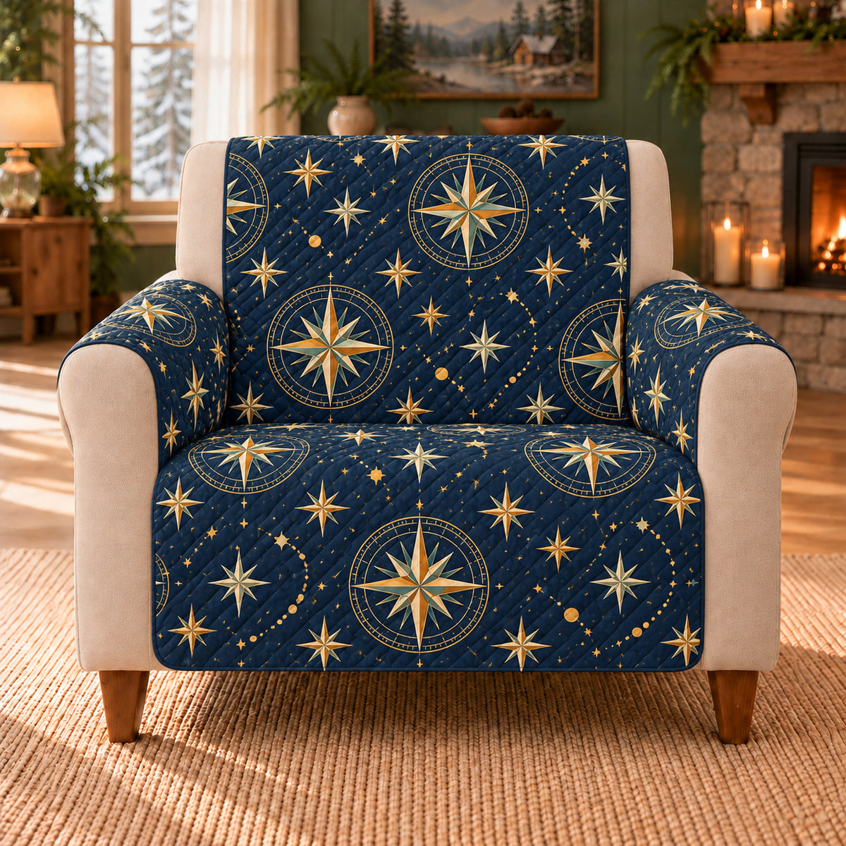Stellar Compass Scatter sofa cover on a beige armchair