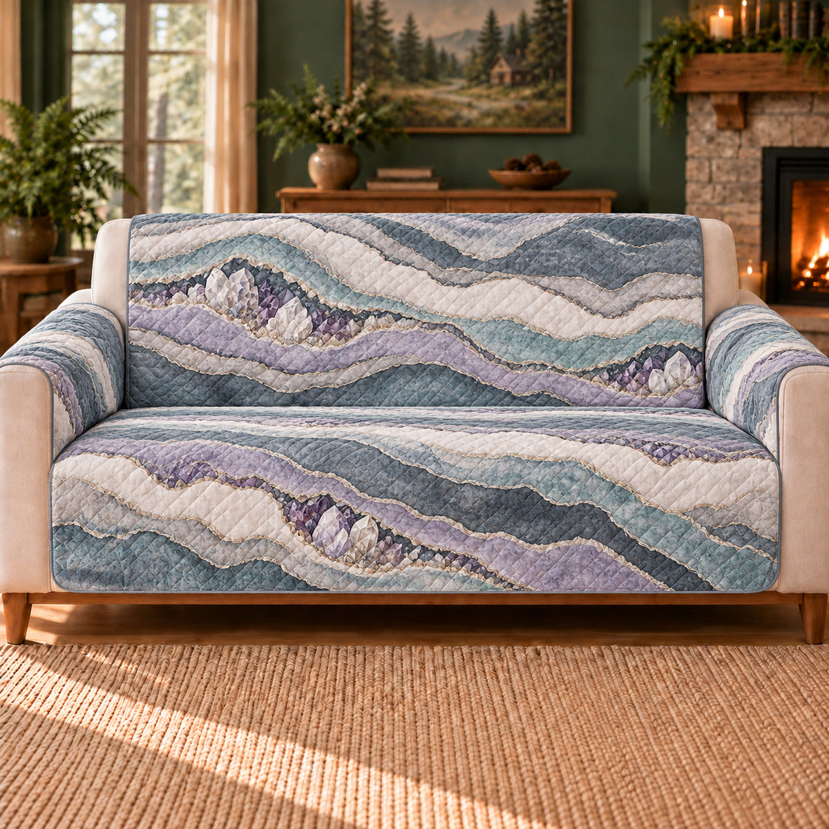 Stone Layer Rhythm sofa cover on a beige sofa