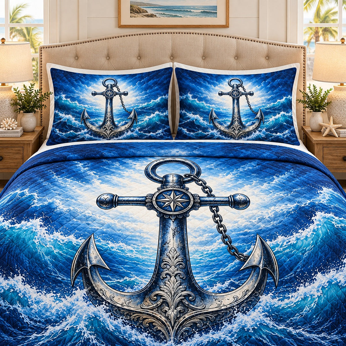 Stormy ocean anchor nautical quilt set, view 2, AI-generated product mockup