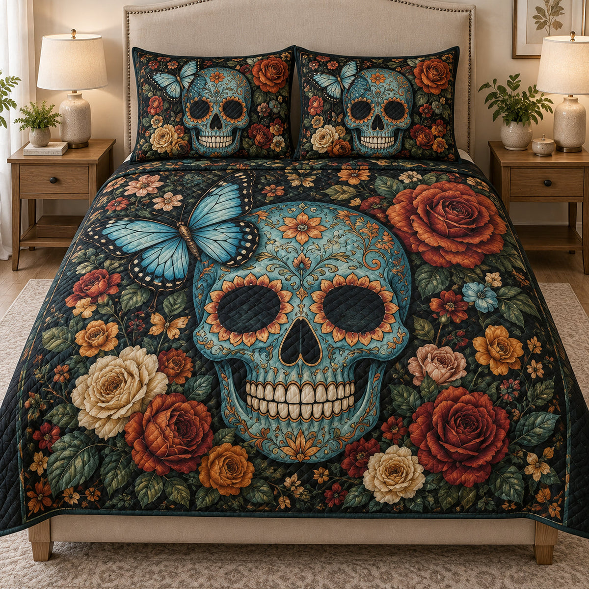 Sugar Skull Butterfly Floral quilt design with coordinating pillow shams