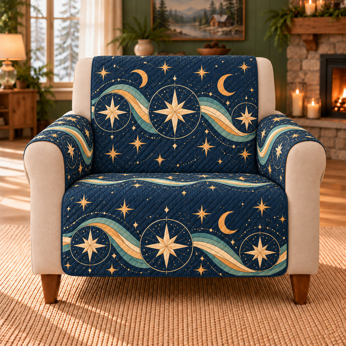 Summer Sky Ribbon sofa cover on a beige armchair