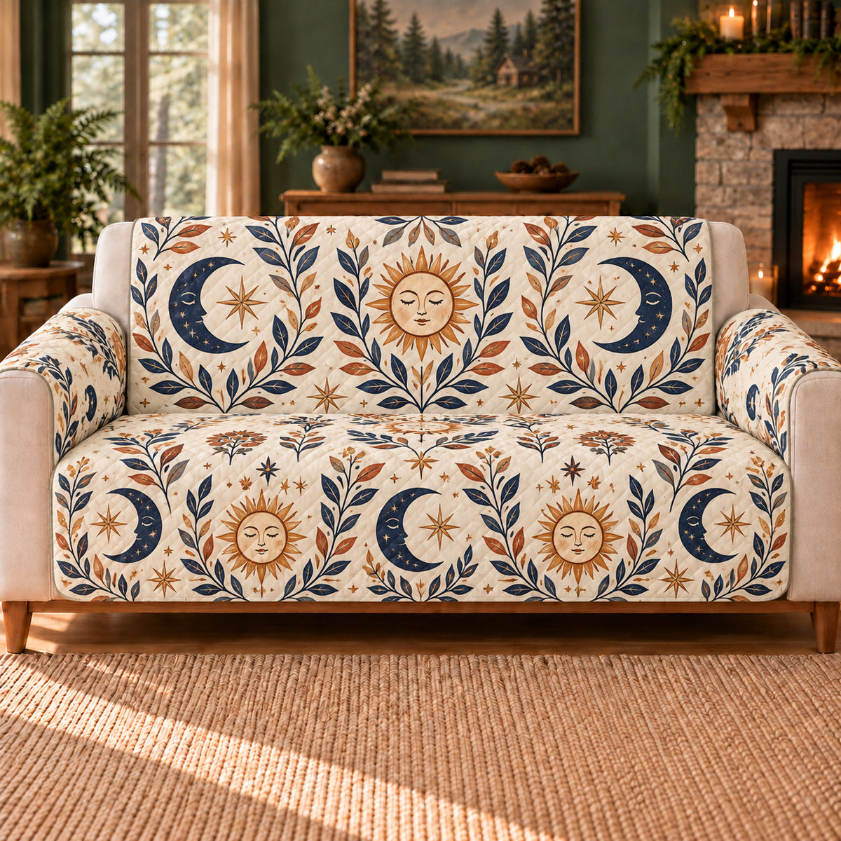 Sun Moon Leafwork sofa cover on a beige sofa