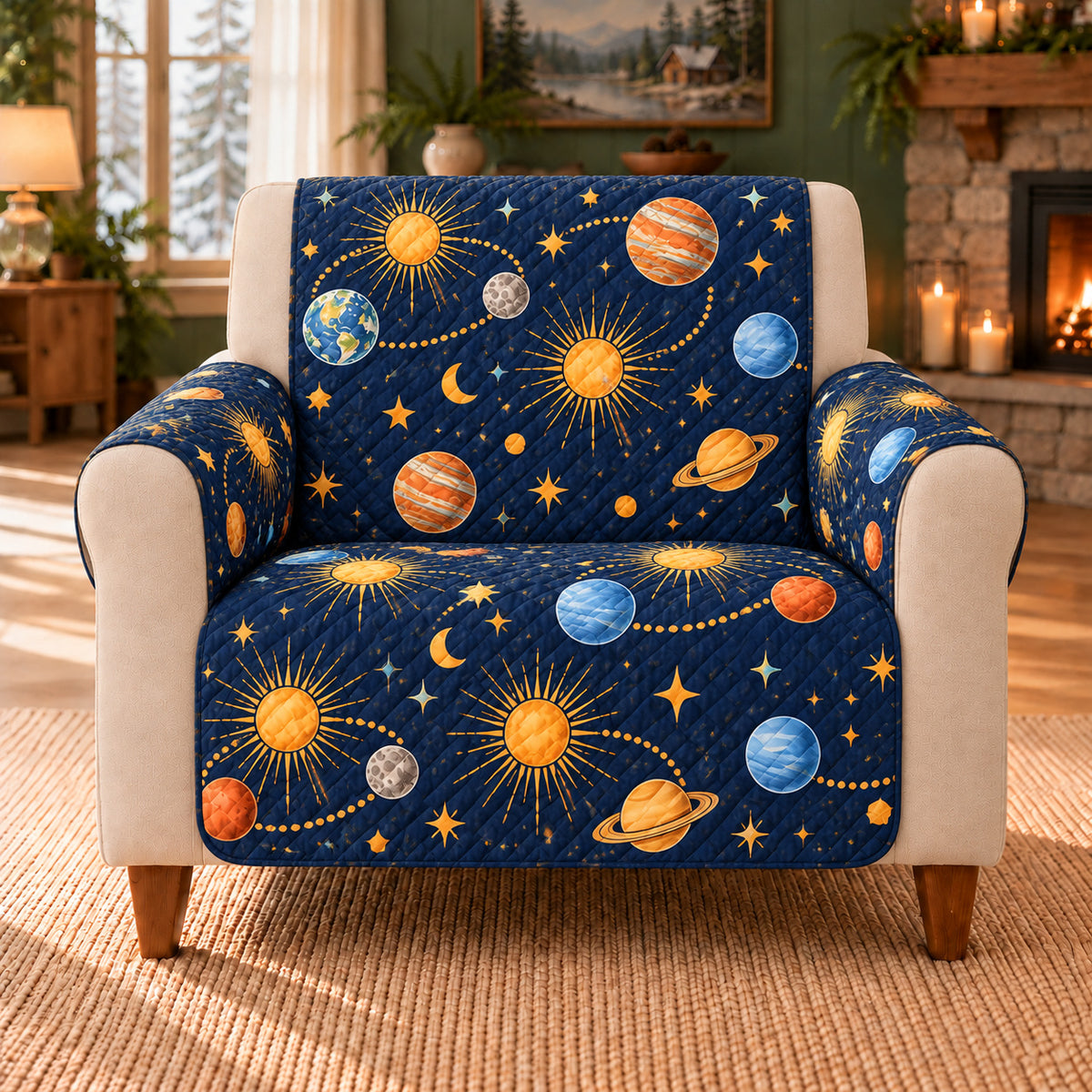 Sunbeam Planet Trails sofa cover on a beige armchair