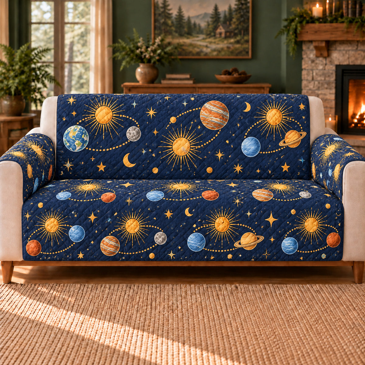 Sunbeam Planet Trails sofa cover on a beige sofa