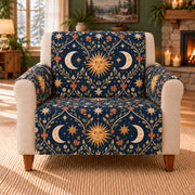 Sunburst Crescent Trellis cover on a beige armchair, AI-generated design preview