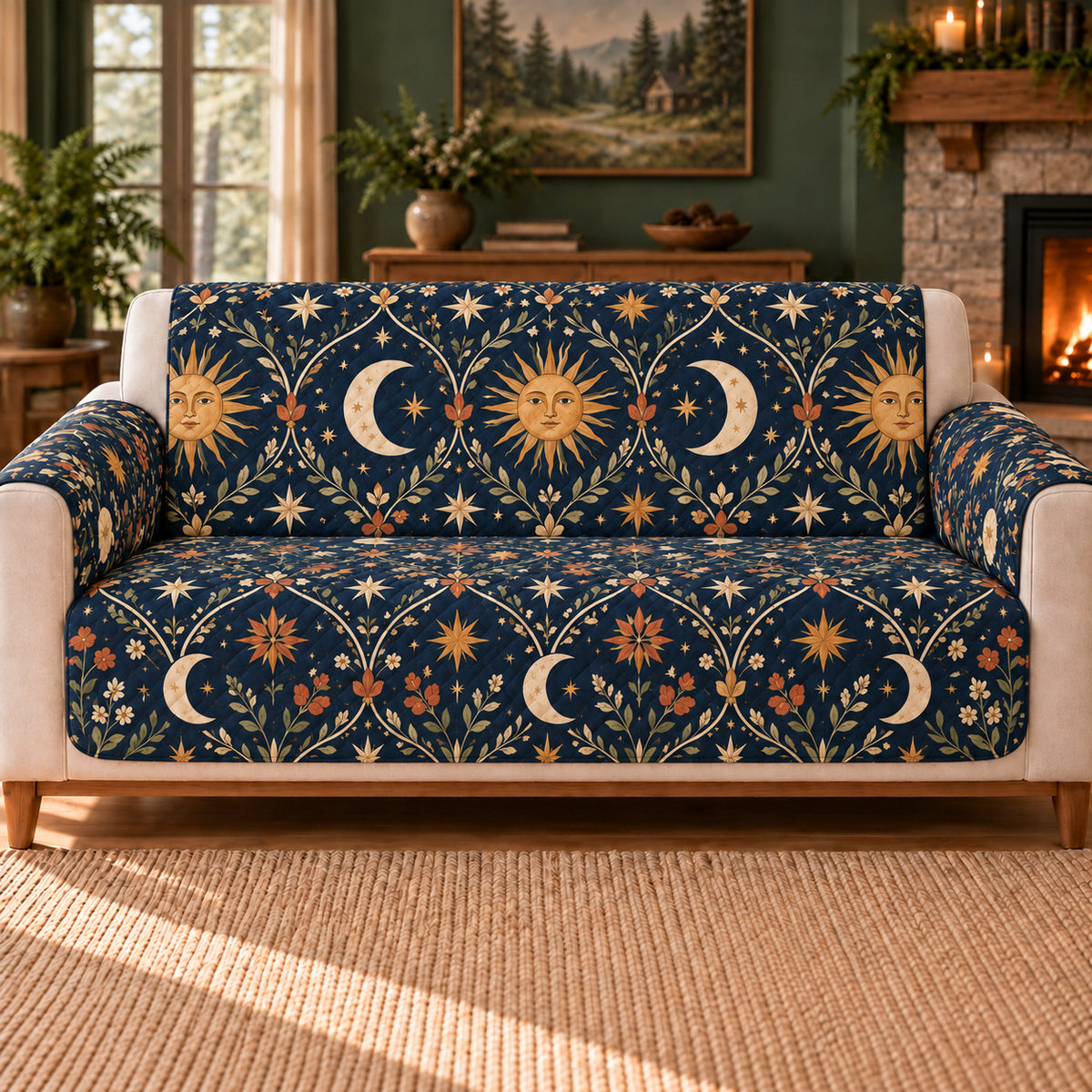 Sunburst Crescent Trellis cover on a beige sofa, AI-generated design preview