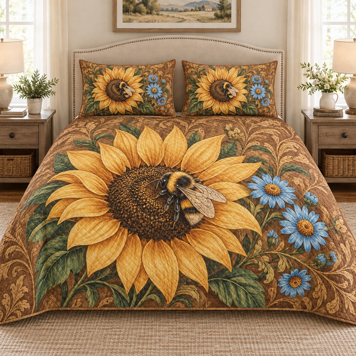 Sunflower and honey bee rustic quilt set, view 1, AI-generated product mockup