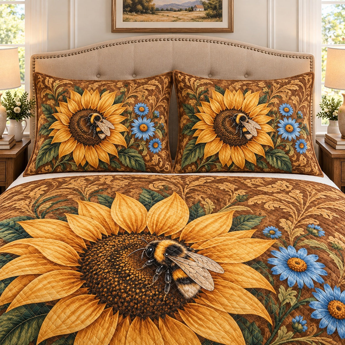 Sunflower and honey bee rustic quilt set, view 2, AI-generated product mockup