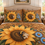 Sunflower and honey bee rustic quilt set, view 2, AI-generated product mockup