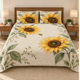 Sunflower Honeybee Quilt Set, Cottage Bedding Gift for Bee Lovers