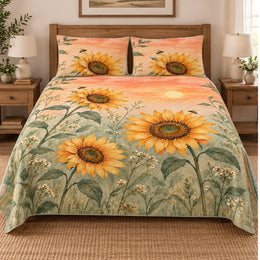 Sunset Meadow Sunflower Quilt Set, Warm Bedding Gift for Flower Lovers