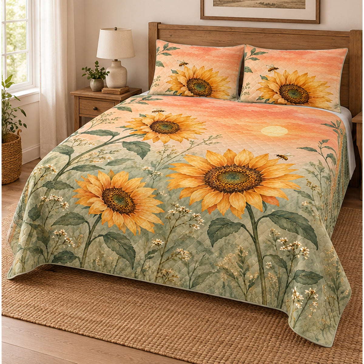 Left view of Sunset Meadow Sunflower quilt set