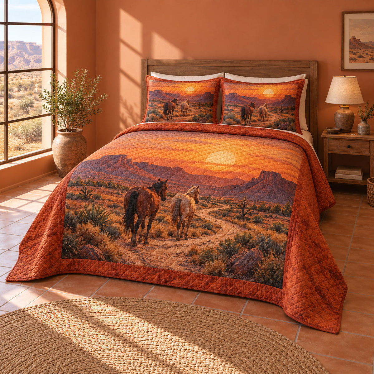 Sunset Trail Horses Horse Western Ranch Quilt Set, angled horse western ranch bedroom view