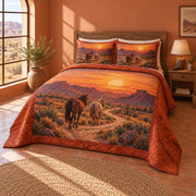 Sunset Trail Horses Horse Western Ranch Quilt Set, angled horse western ranch bedroom view