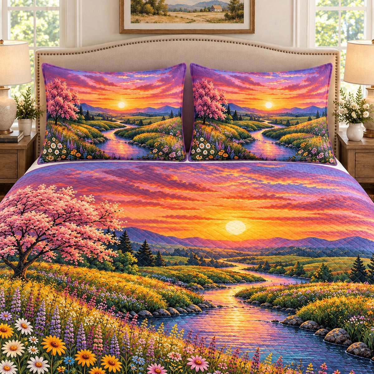 Sunset wildflower mountain landscape quilt set, view 2, AI-generated product mockup
