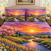 Sunset wildflower mountain landscape quilt set, view 2, AI-generated product mockup