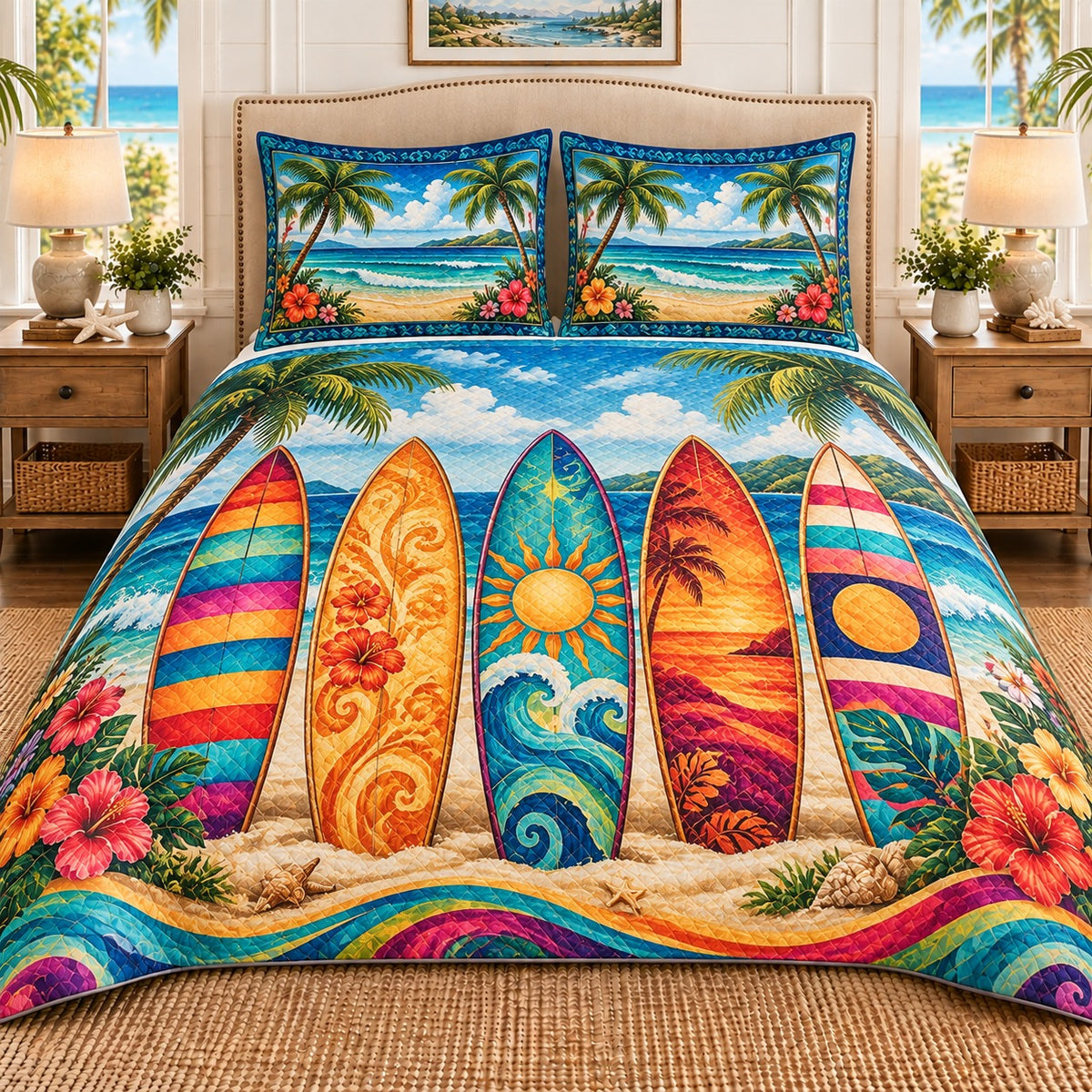 Colorful surfboard tropical beach quilt set, view 1, AI-generated product mockup