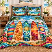 Colorful surfboard tropical beach quilt set, view 1, AI-generated product mockup