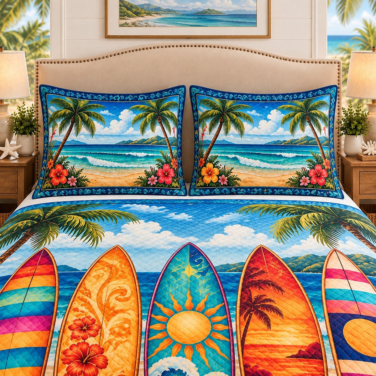Colorful surfboard tropical beach quilt set, view 2, AI-generated product mockup