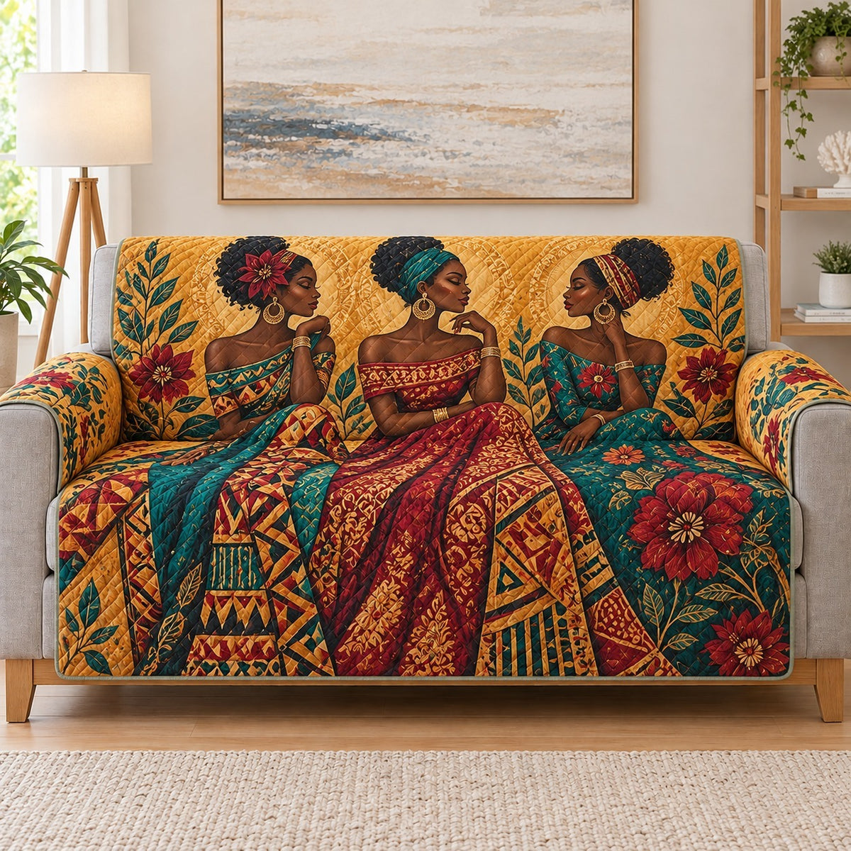 African Women Sofa Cover, Colorful Cultural Art Couch Protector Gift