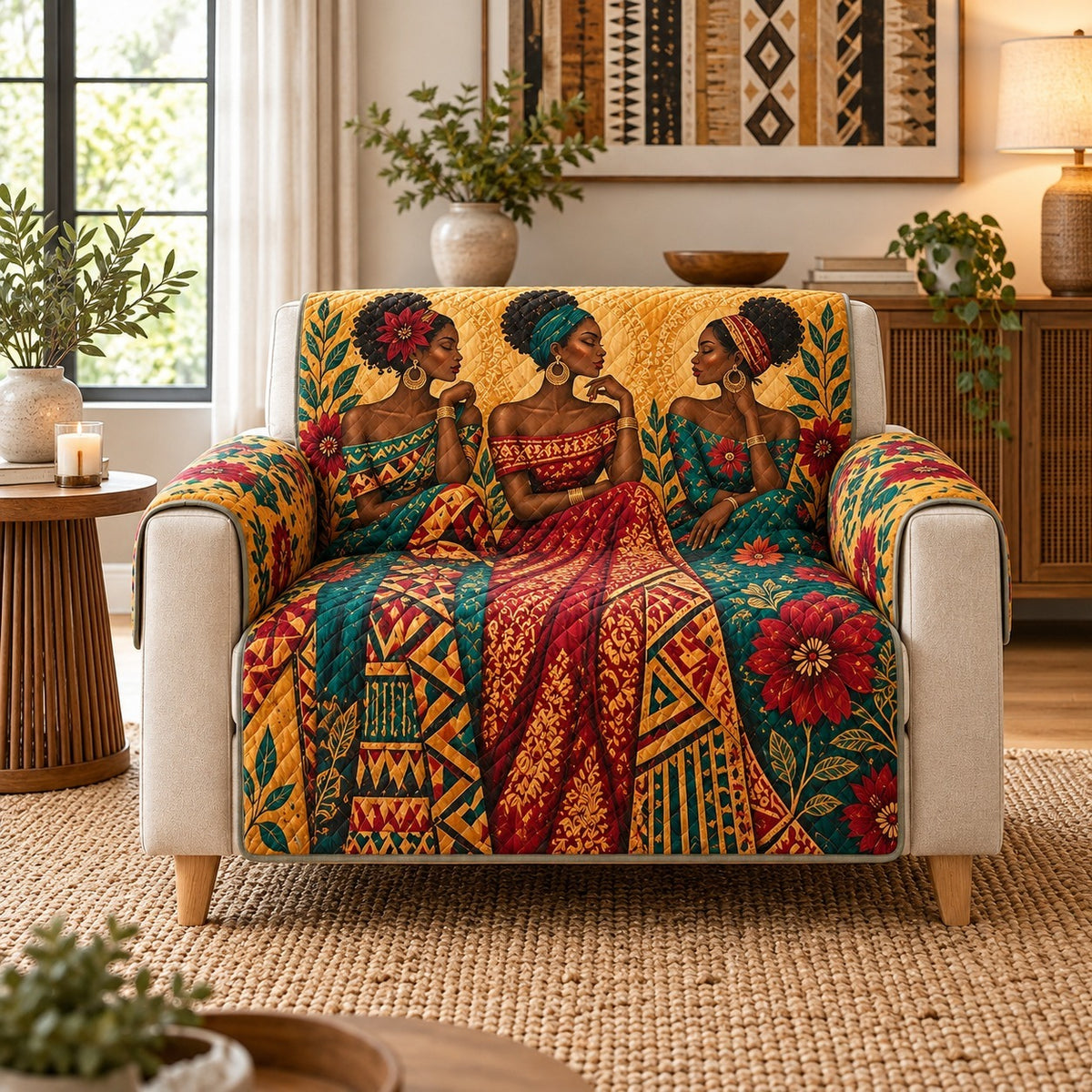 African Women Sofa Cover, Colorful Cultural Art Couch Protector Gift