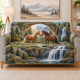 Horses and Waterfall Sofa Cover, Scenic Nature Couch Protector Gift