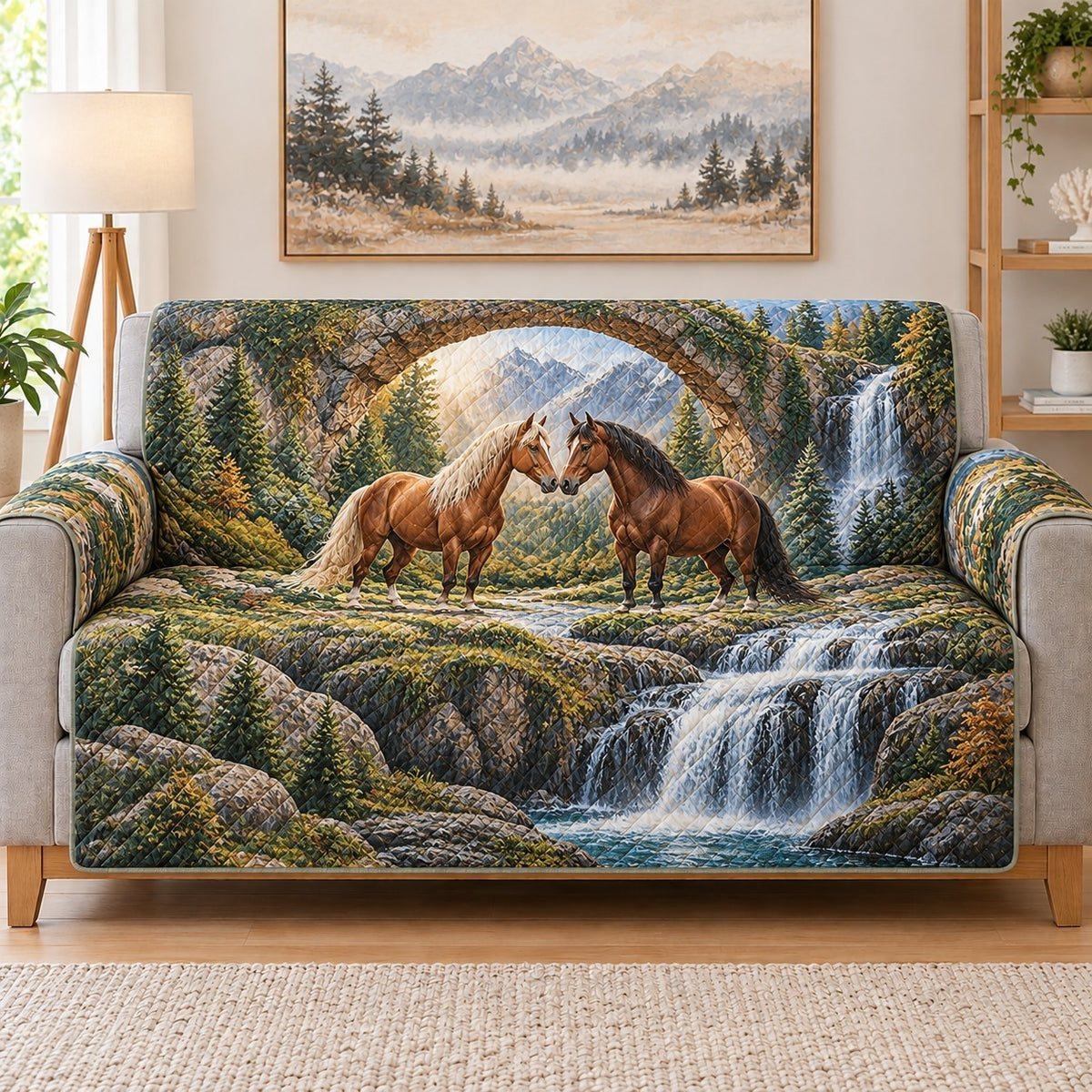 Horses and Waterfall Sofa Cover, Scenic Nature Couch Protector Gift